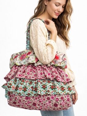 FUNKTION White Label Patchwork Ruffle Tote Bag Floral Boho Cotton Shoulder Bag